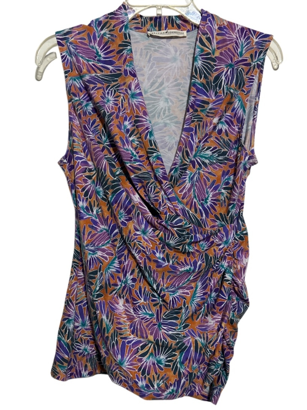 Peruvian Connection sleeveless faux-wrap drape Colorful top Size Large